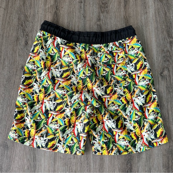 Bass Pro Shops fishing lure all over print black yellow green red swim trunks - Picture 4 of 4